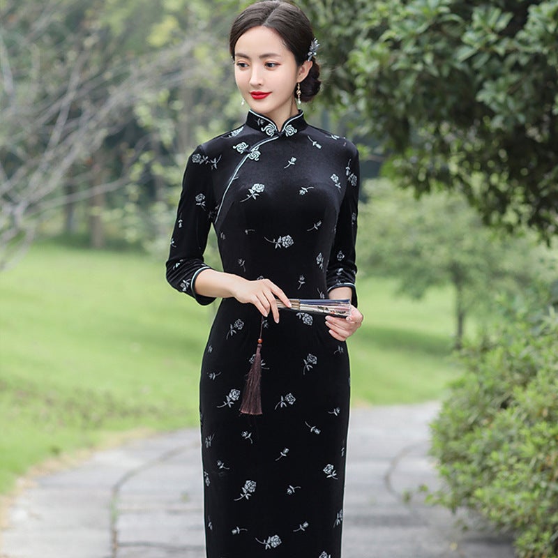 3/4 Sleeve Traditional Floral Velvet Cheongsam Chinese Dress