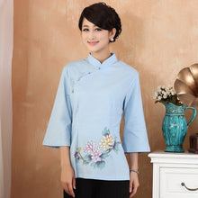 Load image into Gallery viewer, Mandarin Sleeve Floral Print Cheongsam Top Chinese Shirt
