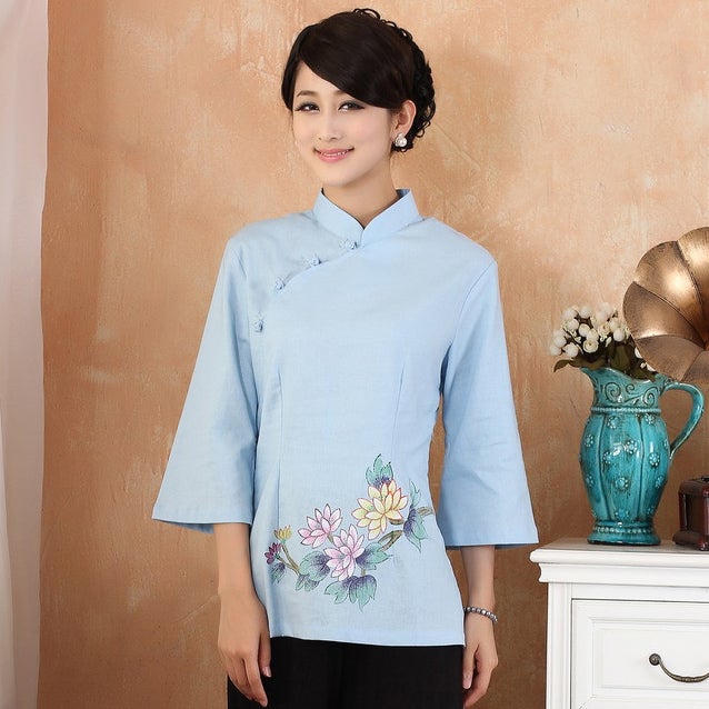 Mandarin Sleeve Floral Print Cheongsam Top Chinese Shirt