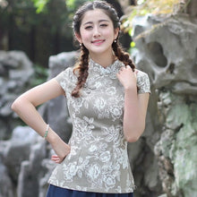 Load image into Gallery viewer, Cap Sleeve Signature Cotton Floral Cheongsam Top Chinese Shirt
