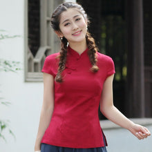 Load image into Gallery viewer, Cap Sleeve Signature Cotton Traditional Cheongsam Top Chinese Shirt
