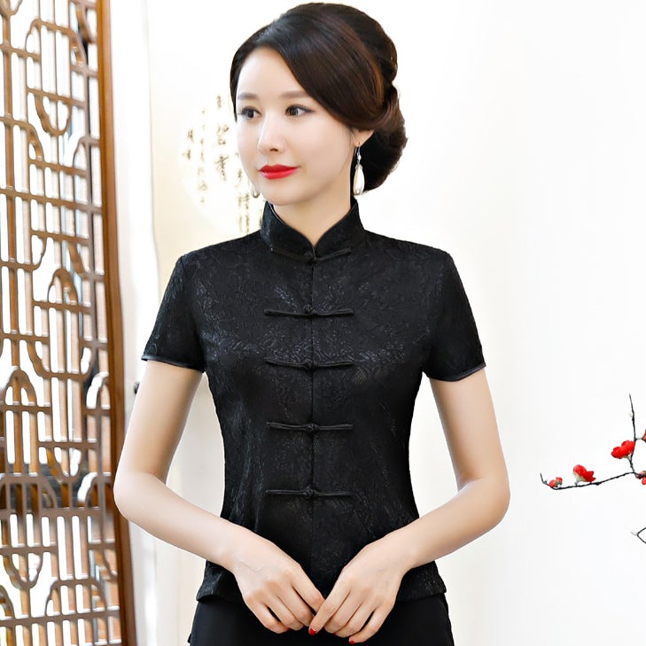 Short Sleeve Floral Lace Traditional Cheongsam Top Chinese Shirt