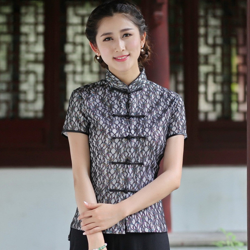 Short Sleeve Floral Lace Traditional Cheongsam Top Chinese Shirt