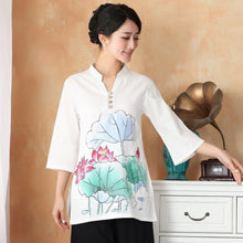 Muatkan imej ke dalam penonton Galeri, Mandarin Sleeve Lotus Print Traditional Cheongsam Top Chinese Blouse
