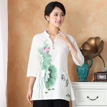 Muatkan imej ke dalam penonton Galeri, Mandarin Sleeve Lotus Print Traditional Cheongsam Top Chinese Blouse
