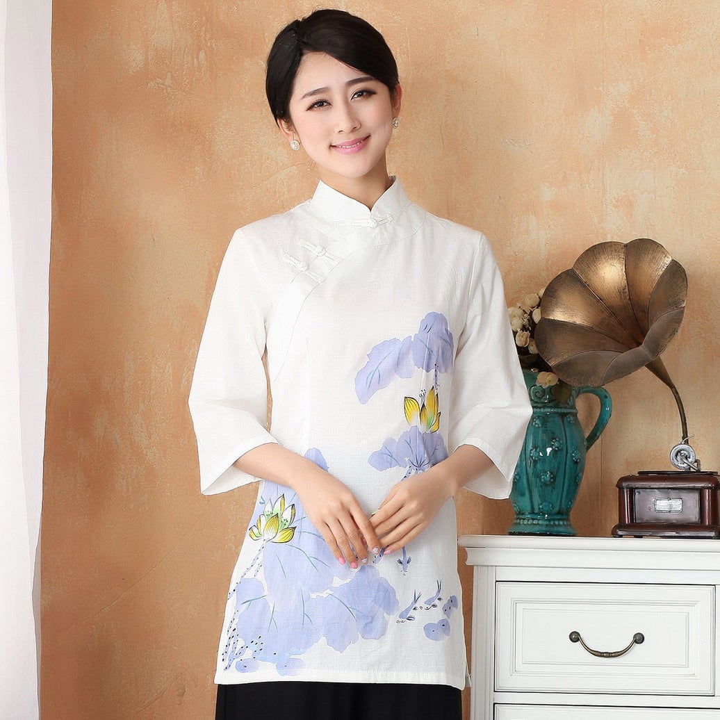 Mandarin Sleeve Lotus Print Traditional Cheongsam Top Chinese Blouse