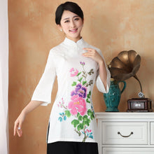 Muatkan imej ke dalam penonton Galeri, Mandarin Sleeve Peony Print Traditional Cheongsam Top Chinese Blouse
