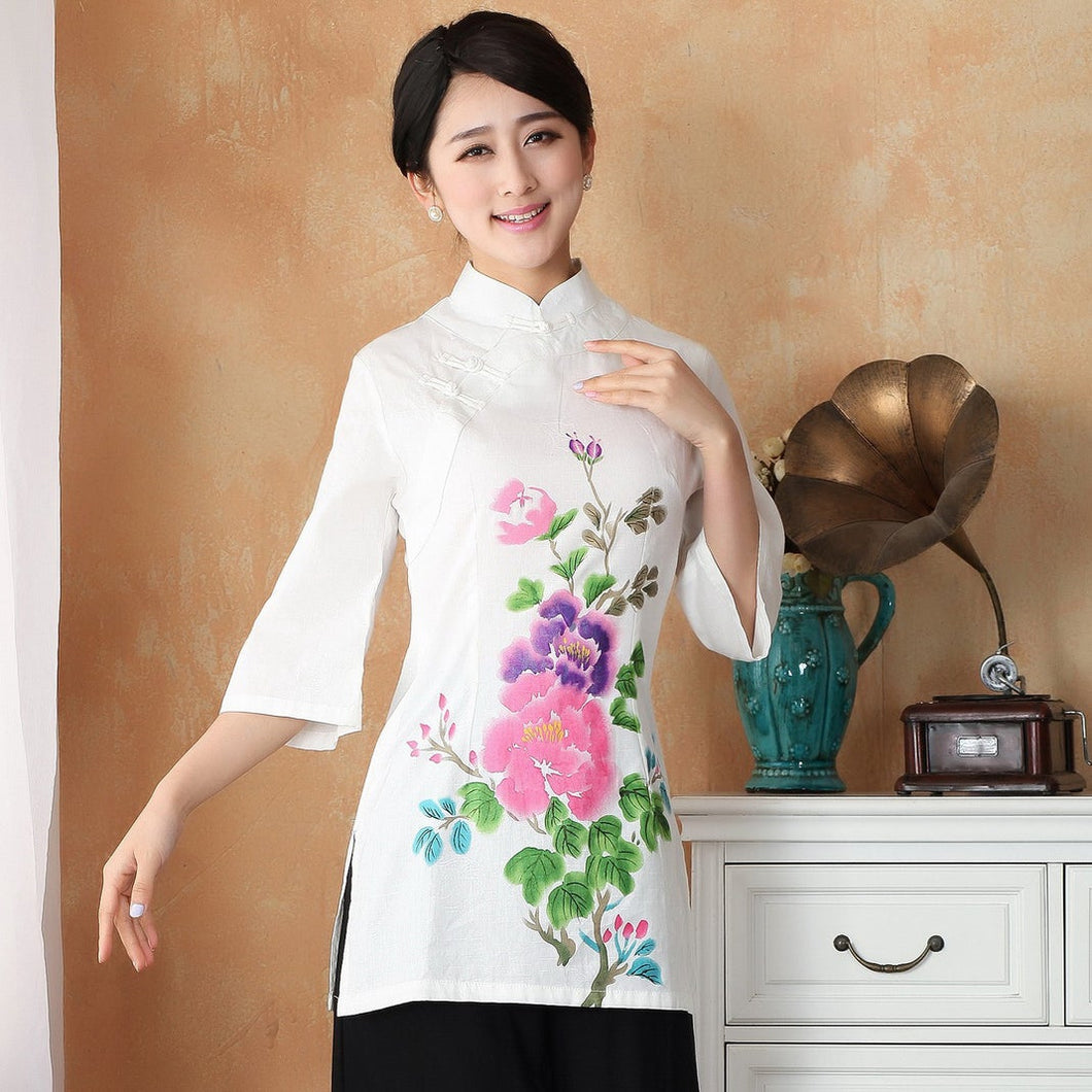 Mandarin Sleeve Peony Print Traditional Cheongsam Top Chinese Blouse