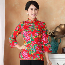 Load image into Gallery viewer, Mandarin Sleeve Phoenix &amp; Floral Print Traditional Cheongsam Top Chinese Shirt
