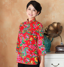 Load image into Gallery viewer, Mandarin Sleeve Phoenix &amp; Floral Print Traditional Cheongsam Top Chinese Shirt
