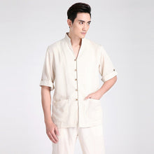 Muatkan imej ke dalam penonton Galeri, Half Sleeve V Neck Linen Traditional Chinese Kung Fu Shirt Tai Chi Top
