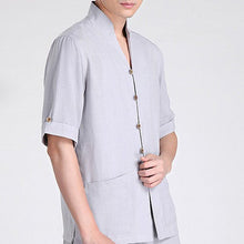 Muatkan imej ke dalam penonton Galeri, Half Sleeve V Neck Linen Traditional Chinese Kung Fu Shirt Tai Chi Top
