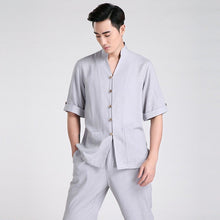 Muatkan imej ke dalam penonton Galeri, Half Sleeve V Neck Linen Traditional Chinese Kung Fu Shirt Tai Chi Top
