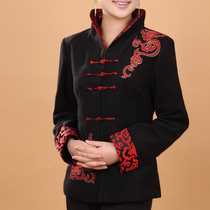 Auspicious Embroidery V Neck Wool Blend Chinese Jacket