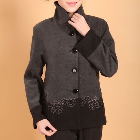 Floral Embroidery Stand Collar Wool Blend Chinese Jacket