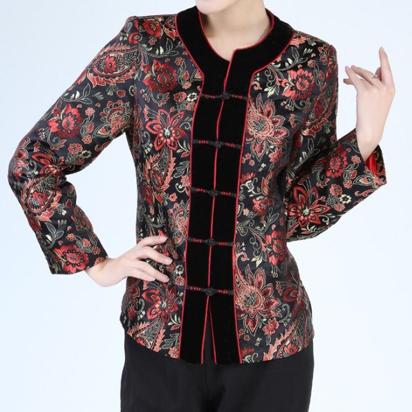 Round Neck Floral Brocade Tradtional Chinese Jacket