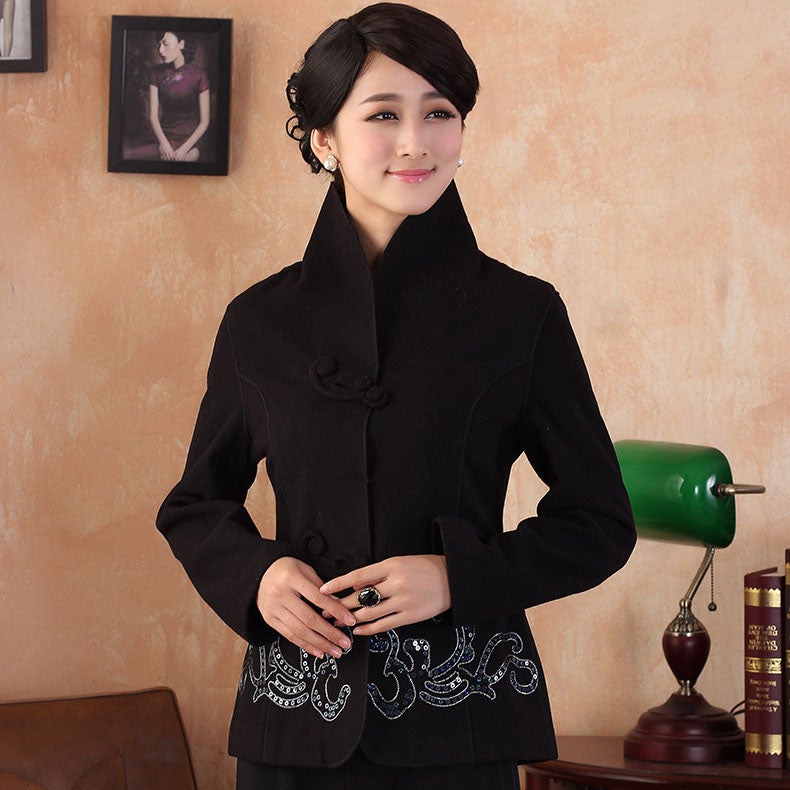 Stand Collar Wool Blend Chinese Jacket with Auspicious Clouds Appliques