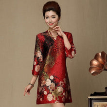 Load image into Gallery viewer, V Neck 3/4 Sleeve Floral Linen Chinese Style Mother Dress Plus Size
