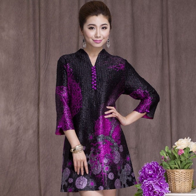 V Neck 3/4 Sleeve Floral Linen Chinese Style Mother Dress Plus Size