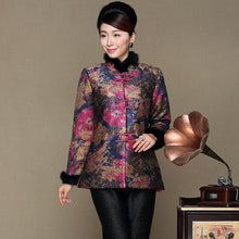 Muatkan imej ke dalam penonton Galeri, Fur Collar &amp; Cuff Floral Linen Chinese Style Women&#39;s Wadded Coat
