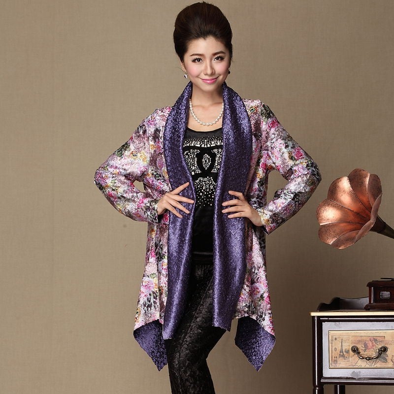 Open Front Floral Linen Chinese Style Wind Coat