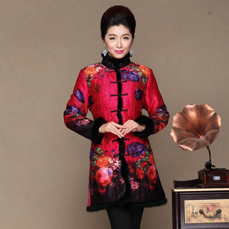 Fur Collar & Cuff Floral Silk & Linen Chinese Style Women's Wadded Coat