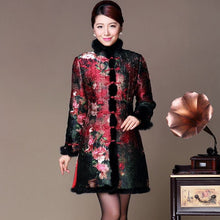 Muatkan imej ke dalam penonton Galeri, Floral Silk &amp; Linen Chinese Style Long Women&#39;s Wadded Coat
