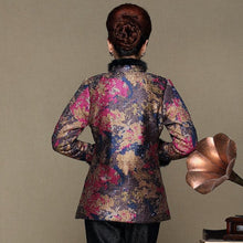 Muatkan imej ke dalam penonton Galeri, Floral Silk &amp; Linen Chinese Style Women&#39;s Wadded Coat with Strap Buttons
