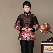 Muatkan imej ke dalam penonton Galeri, Floral Silk &amp; Linen Chinese Style Women&#39;s Wadded Coat with Strap Buttons
