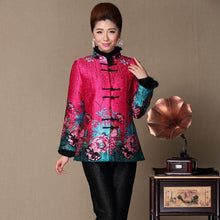 Muatkan imej ke dalam penonton Galeri, Floral Silk &amp; Linen Chinese Style Women&#39;s Wadded Coat with Strap Buttons
