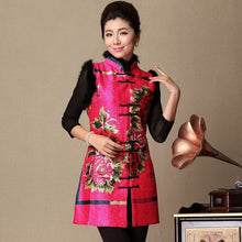 Muatkan imej ke dalam penonton Galeri, Fur Collar &amp; Cuff Silk &amp; Linen Chinese Style Floral Women&#39;s Waistcoat
