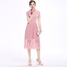 Load image into Gallery viewer, Illusion Neck Cheongsam Top Tea Length Lace Pleated Dress
