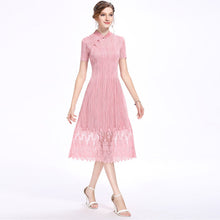 Load image into Gallery viewer, Illusion Neck Cheongsam Top Tea Length Lace Pleated Dress
