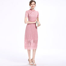 Load image into Gallery viewer, Illusion Neck Cheongsam Top Tea Length Lace Pleated Dress
