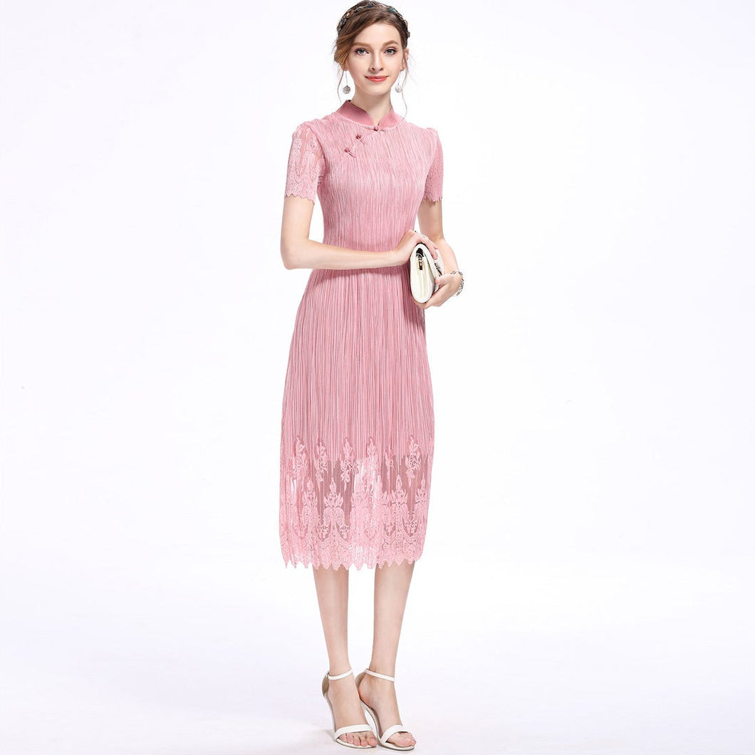 Illusion Neck Cheongsam Top Tea Length Lace Pleated Dress