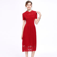 Load image into Gallery viewer, Illusion Neck Cheongsam Top Tea Length Lace Pleated Dress
