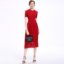 Load image into Gallery viewer, Illusion Neck Cheongsam Top Tea Length Lace Pleated Dress
