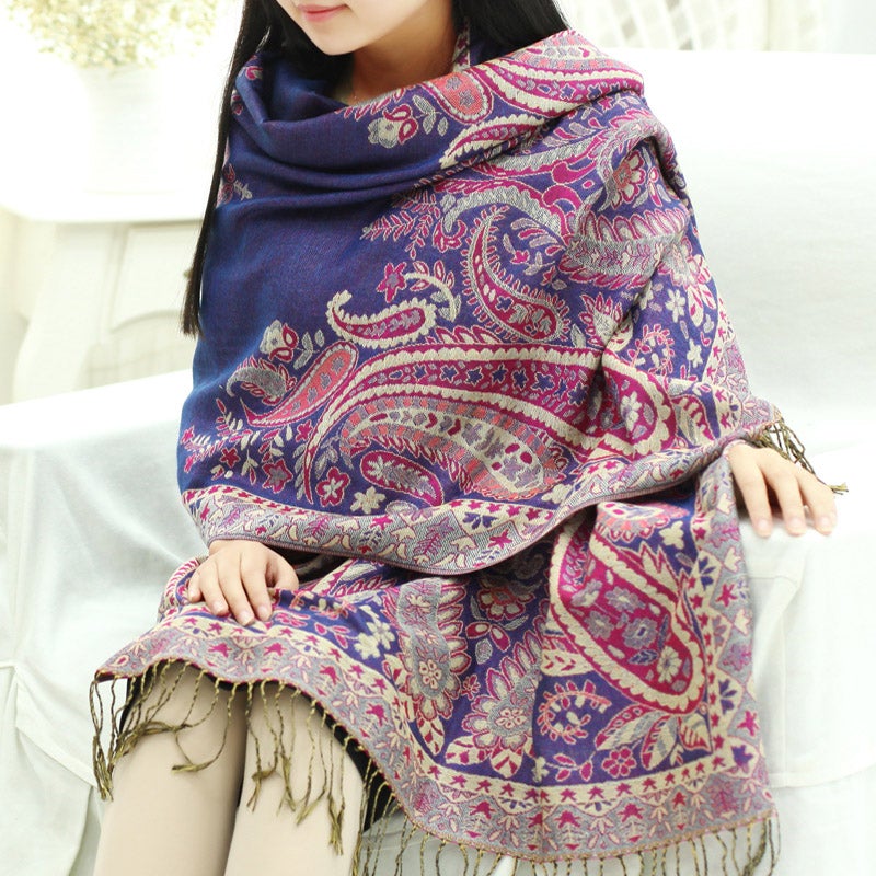 Auspicious Pattern Soft & Warm Pleuche Scarf Shawl with Tassels