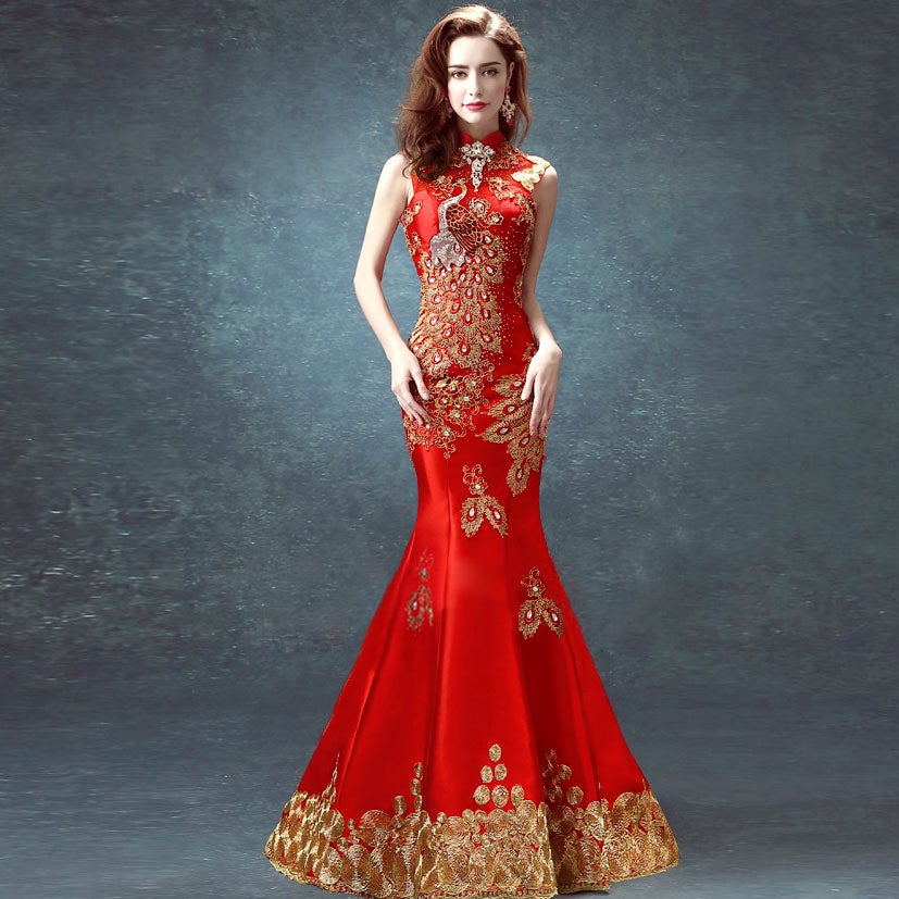 Phoenix Appliques Halter Top Full Length Mermaid Chinese Wedding Dress