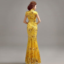 Load image into Gallery viewer, Illusion Neck Cheongsam Top Mermaid Evening Dress with Floral Appliques
