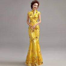 Load image into Gallery viewer, Illusion Neck Cheongsam Top Mermaid Evening Dress with Floral Appliques
