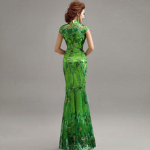 Load image into Gallery viewer, Illusion Neck Cheongsam Top Mermaid Evening Dress with Floral Appliques
