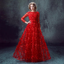 Muatkan imej ke dalam penonton Galeri, Long Sleeve Full Length Tulle Wedding Dress Evening Gown with Floral Appliques
