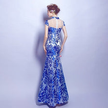 Load image into Gallery viewer, Cap Sleeve Illusion Neck Mermaid Chinese Style Evening Dress Wedding Gown
