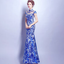 Load image into Gallery viewer, Cap Sleeve Illusion Neck Mermaid Chinese Style Evening Dress Wedding Gown
