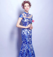 Load image into Gallery viewer, Cap Sleeve Illusion Neck Mermaid Chinese Style Evening Dress Wedding Gown
