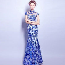 Load image into Gallery viewer, Cap Sleeve Illusion Neck Mermaid Chinese Style Evening Dress Wedding Gown
