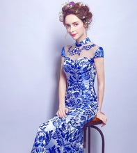 Load image into Gallery viewer, Cap Sleeve Illusion Neck Mermaid Chinese Style Evening Dress Wedding Gown
