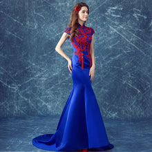 Load image into Gallery viewer, Cheongsam Top Mermaid Evening Dress with Floral Embroidery Appliques
