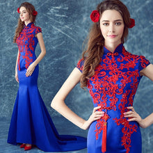 Load image into Gallery viewer, Cheongsam Top Mermaid Evening Dress with Floral Embroidery Appliques
